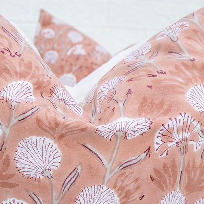 Soft Peach Floral Block Printed Cushion Cover | Cotton Home Decor Pillow