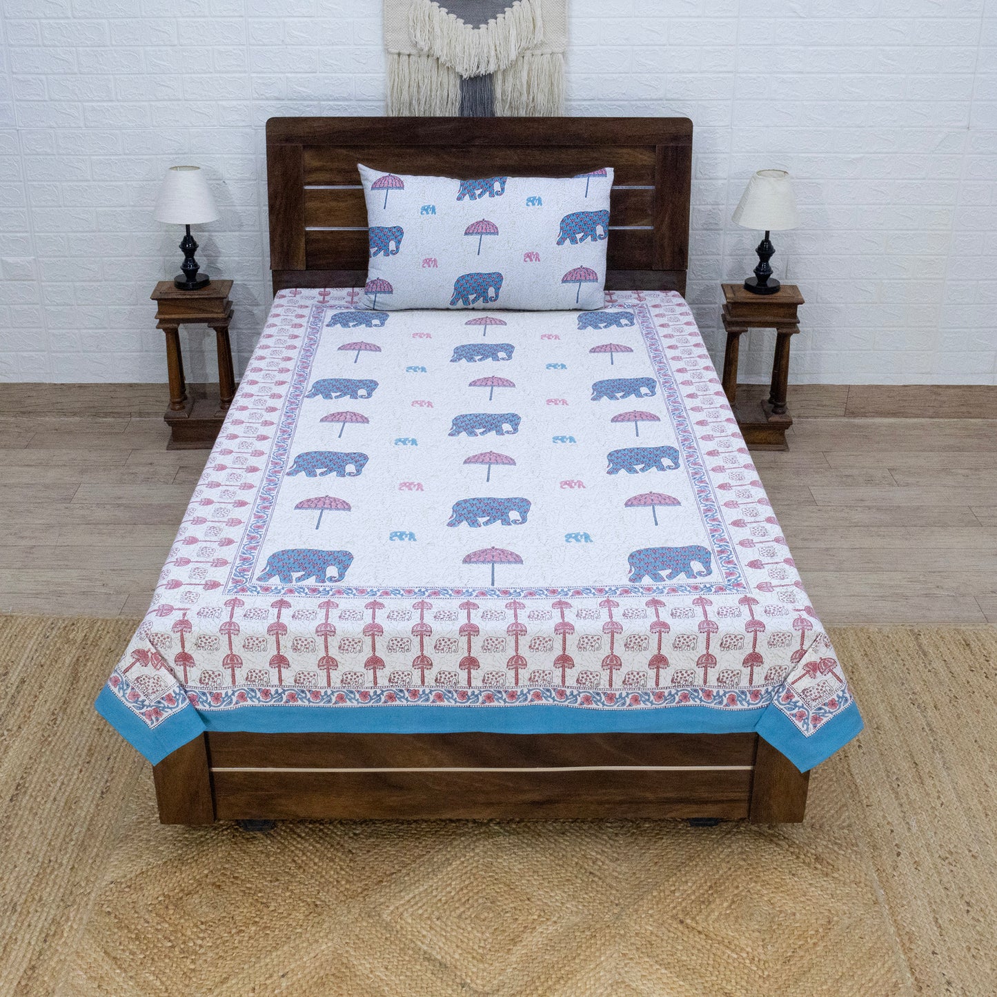 Indian Handmade Block Printed White and Pink Floral Pattern Cotton Bed sheet For living Room, Kids Room - My Store