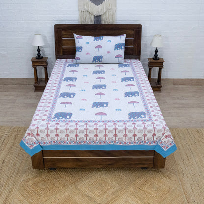 Indian Handmade Block Printed White and Pink Floral Pattern Cotton Bed sheet For living Room, Kids Room - My Store