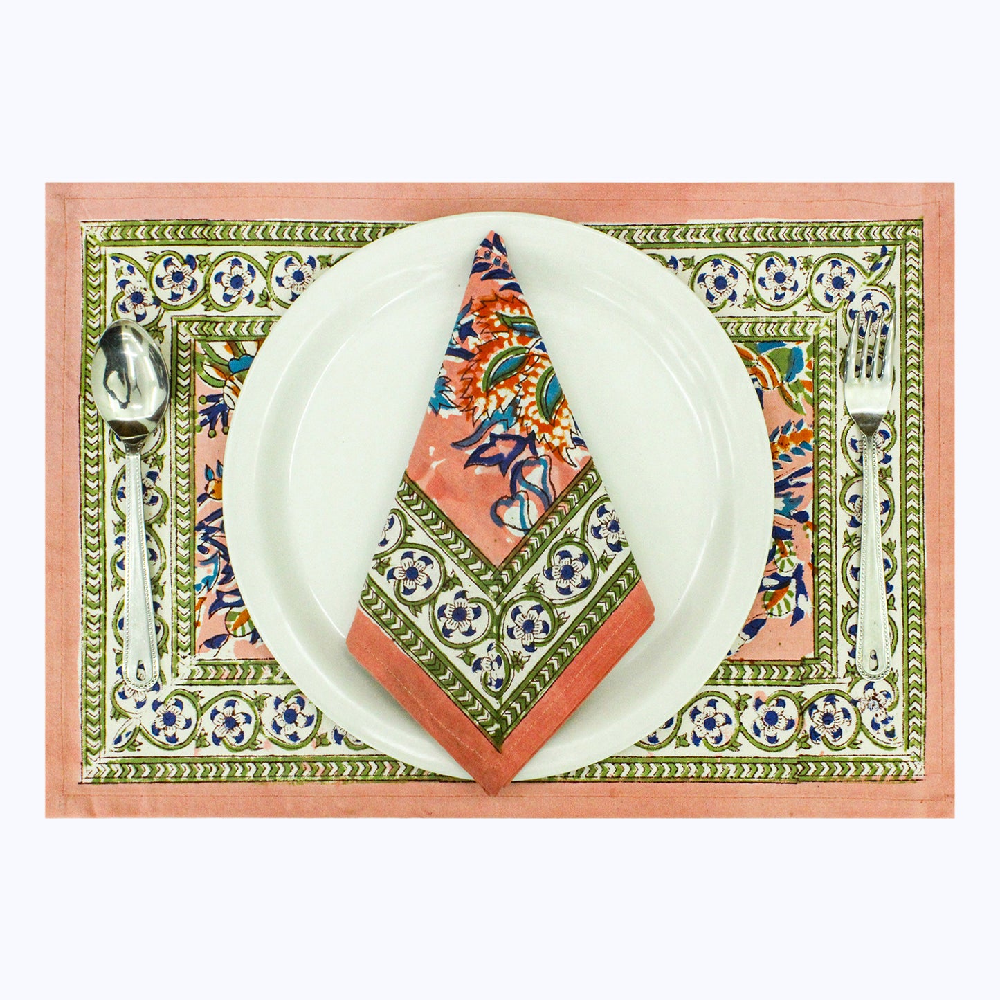Orange and Green Block Printed Set Of 4 Napkins - My Store