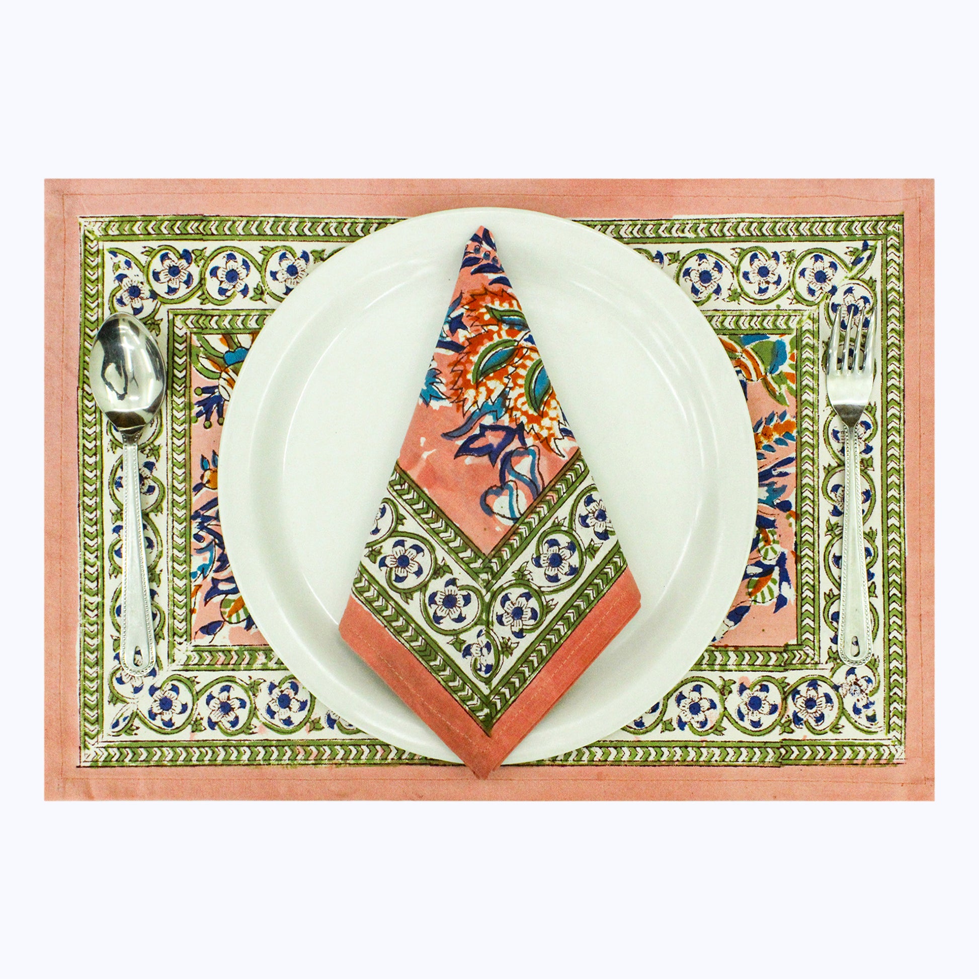 Orange and Green Block Printed Set Of 4 Napkins - My Store