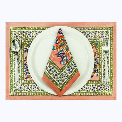 Orange and Green Block Printed Set Of 4 Napkins - My Store