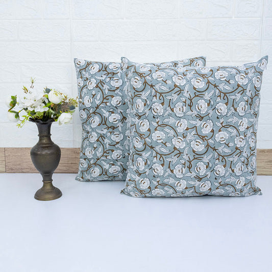 Elegant Sage Blue Floral Block Printed Cushion Cover | Cotton Sofa Pillow