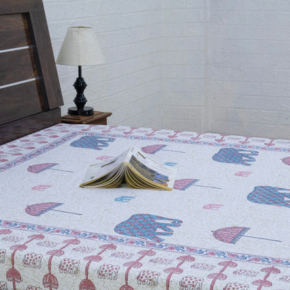 Indian Handmade Block Printed White and Pink Floral Pattern Cotton Bed sheet For living Room, Kids Room - My Store