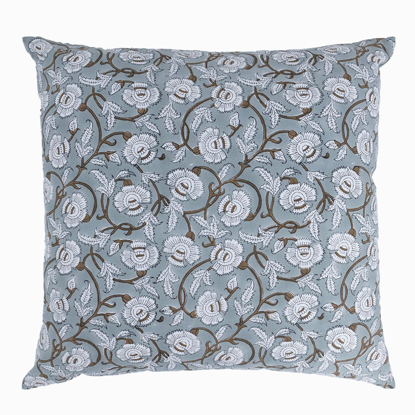 Elegant Sage Blue Floral Block Printed Cushion Cover | Cotton Sofa Pillow