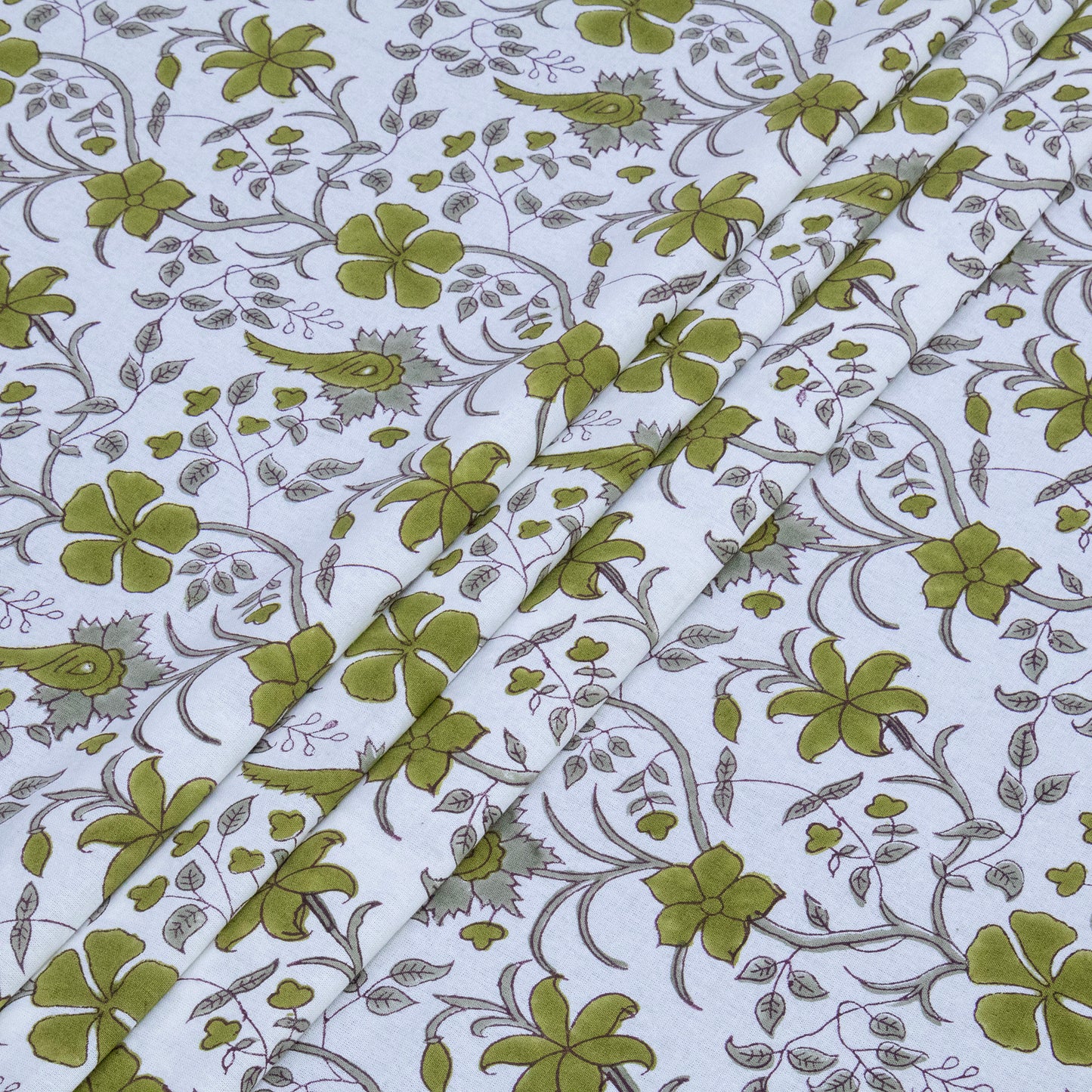 Cotton Bedsheet – Hand Block Floral Print – White and Green – King, Queen, Twin Sizes - My Store