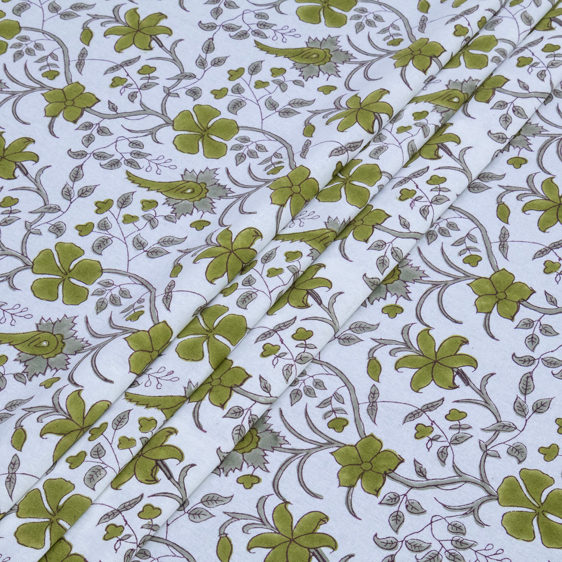 Cotton Bedsheet – Hand Block Floral Print – White and Green – King, Queen, Twin Sizes - My Store