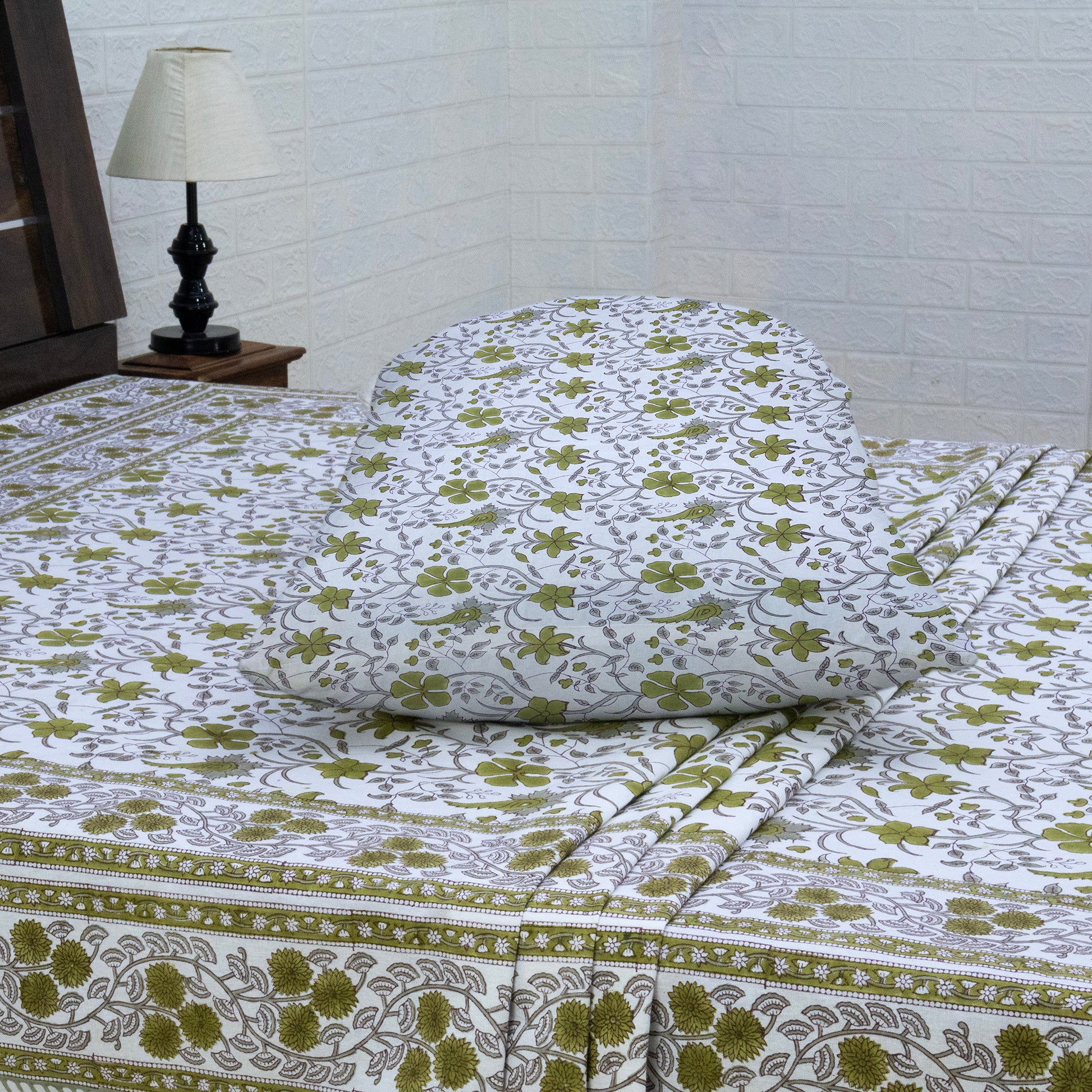 Cotton Bedsheet – Hand Block Floral Print – White and Green – King, Queen, Twin Sizes - My Store