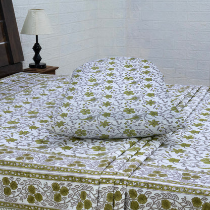 Cotton Bedsheet – Hand Block Floral Print – White and Green – King, Queen, Twin Sizes - My Store