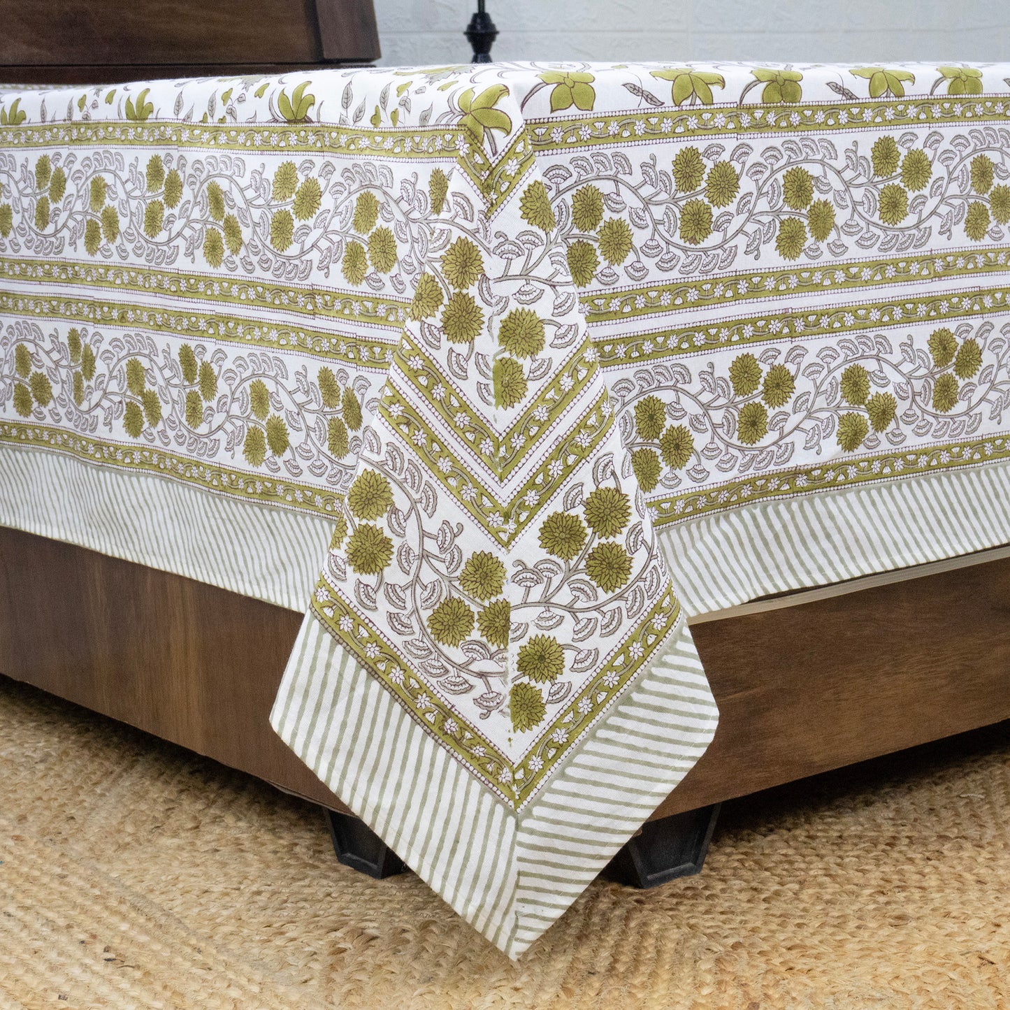 Cotton Bedsheet – Hand Block Floral Print – White and Green – King, Queen, Twin Sizes - My Store