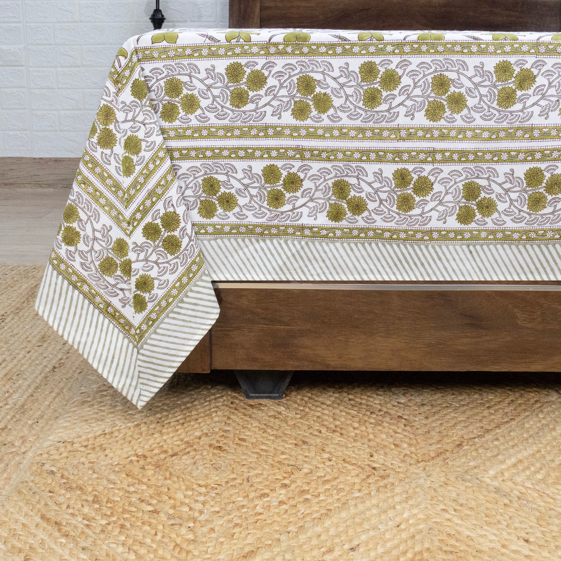 Cotton Bedsheet – Hand Block Floral Print – White and Green – King, Queen, Twin Sizes - My Store