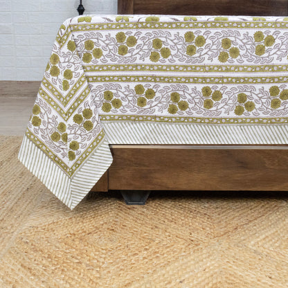 Cotton Bedsheet – Hand Block Floral Print – White and Green – King, Queen, Twin Sizes - My Store