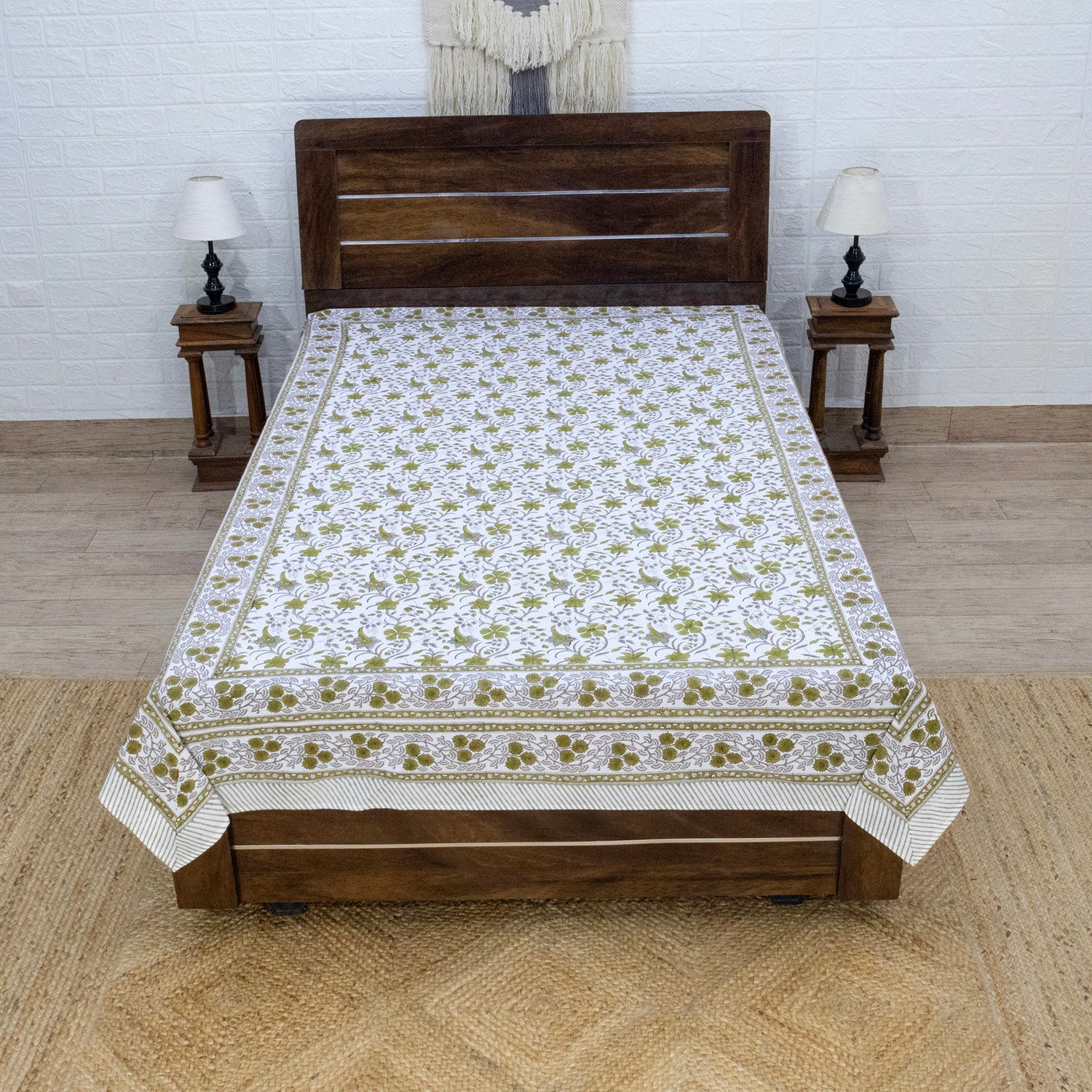 Cotton Bedsheet – Hand Block Floral Print – White and Green – King, Queen, Twin Sizes - My Store