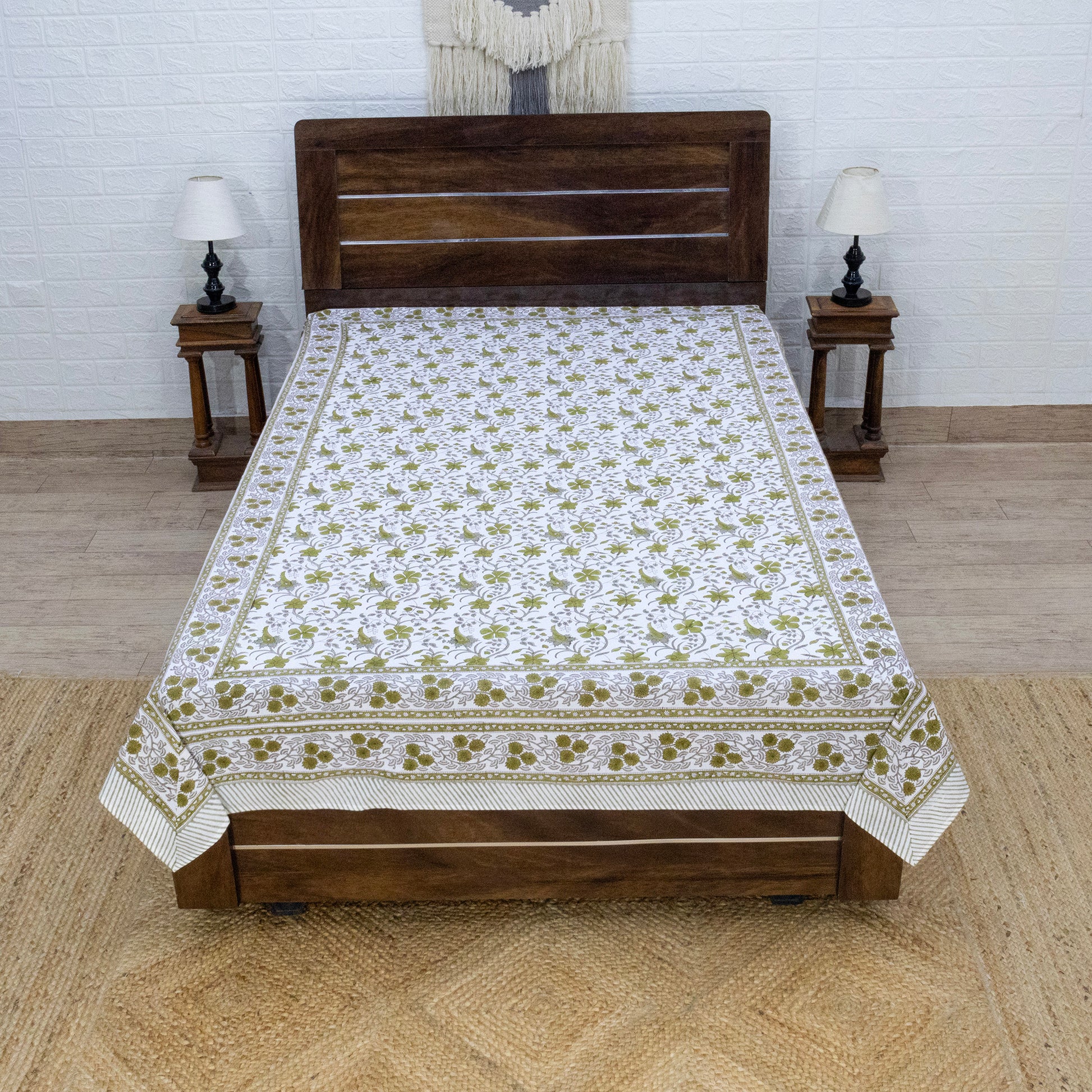 Cotton Bedsheet – Hand Block Floral Print – White and Green – King, Queen, Twin Sizes - My Store
