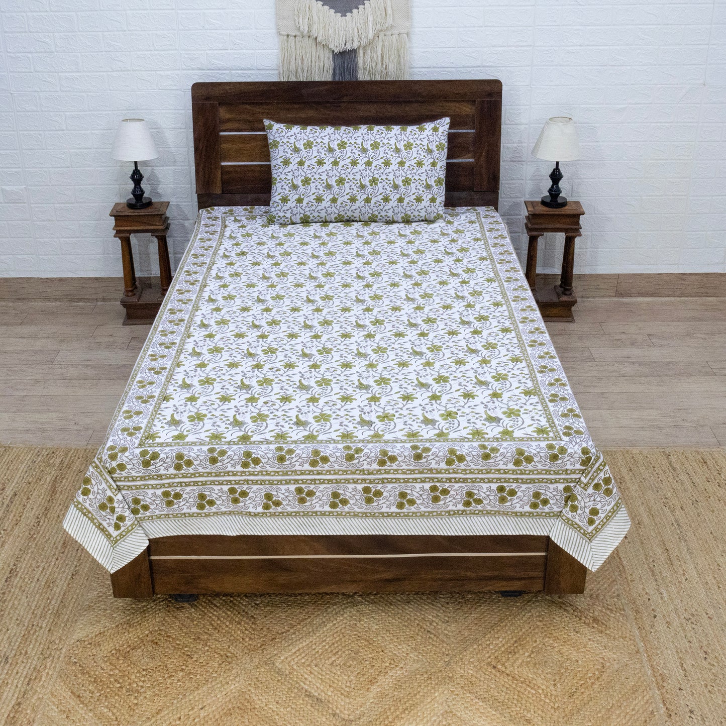 Cotton Bedsheet – Hand Block Floral Print – White and Green – King, Queen, Twin Sizes - My Store