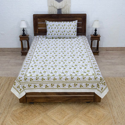 Cotton Bedsheet – Hand Block Floral Print – White and Green – King, Queen, Twin Sizes - My Store