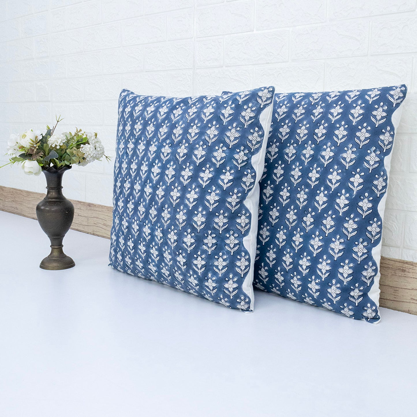 Hand Block Printed Indigo Floral Cushion Cover | Cotton Decorative Pillow