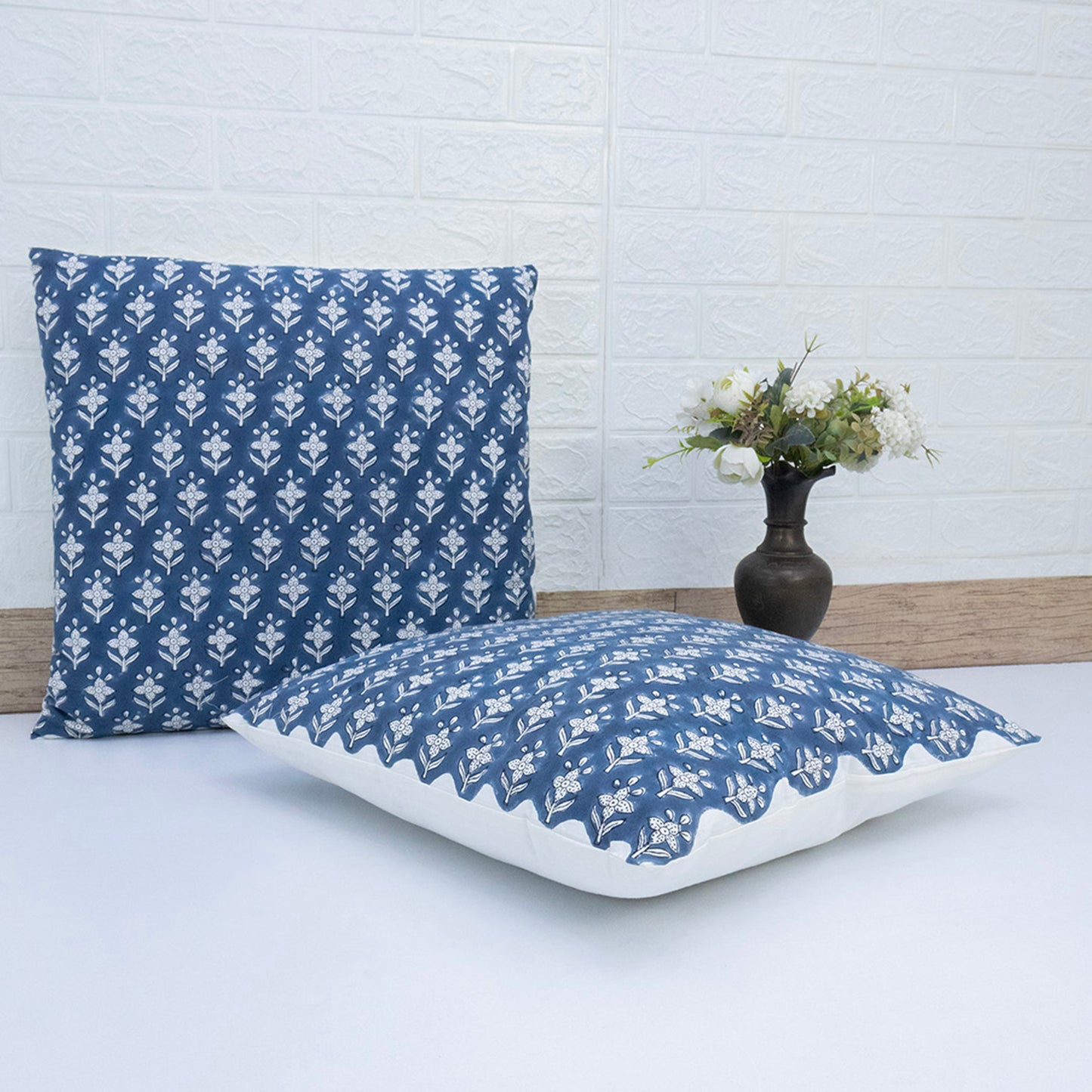 Hand Block Printed Indigo Floral Cushion Cover | Cotton Decorative Pillow
