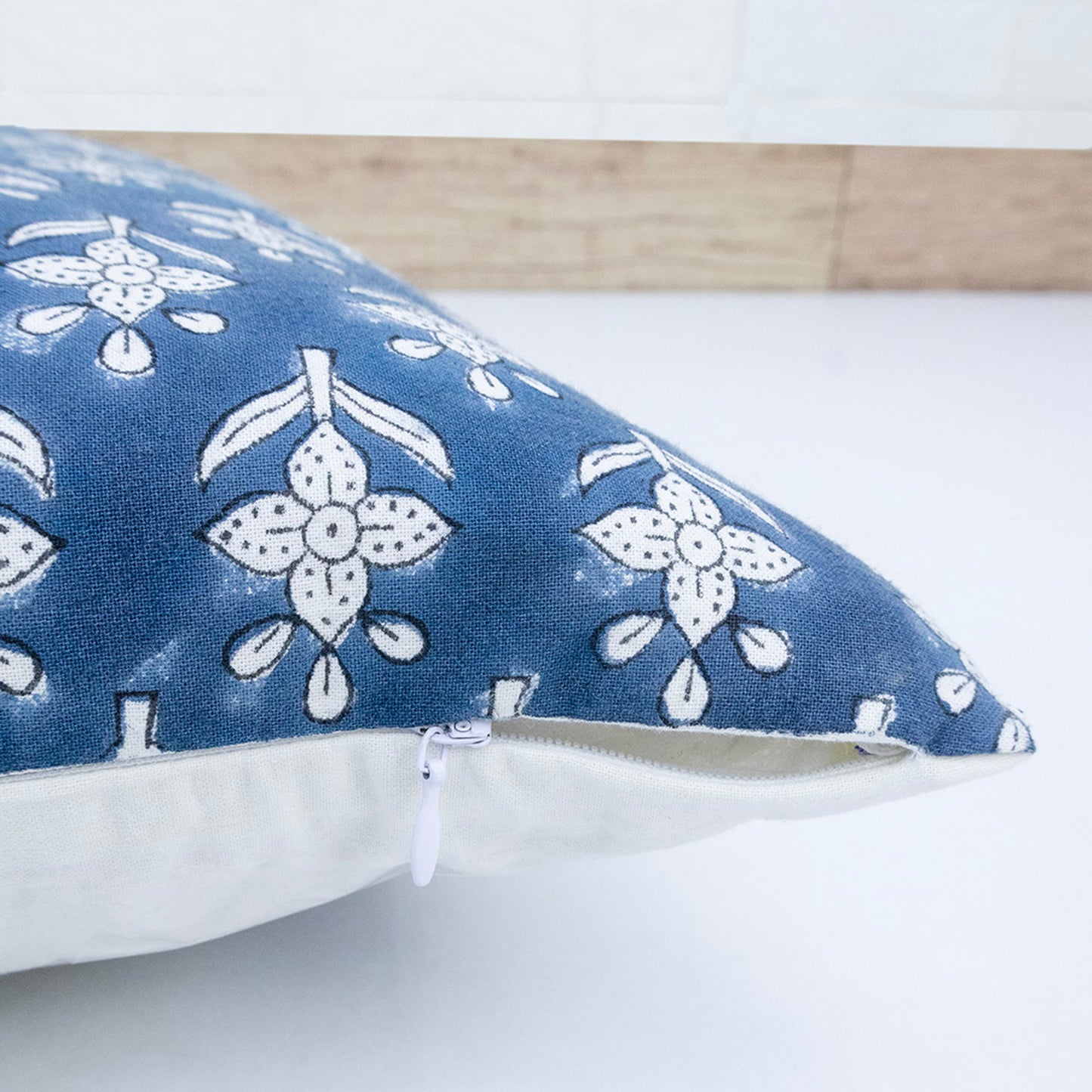 Hand Block Printed Indigo Floral Cushion Cover | Cotton Decorative Pillow