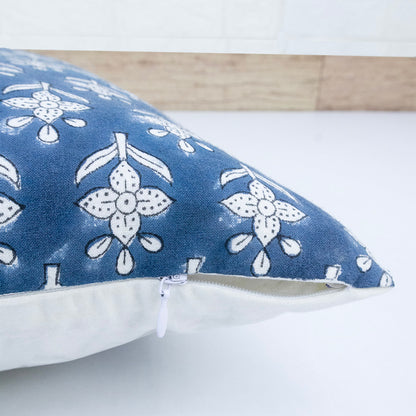 Hand Block Printed Indigo Floral Cushion Cover | Cotton Decorative Pillow
