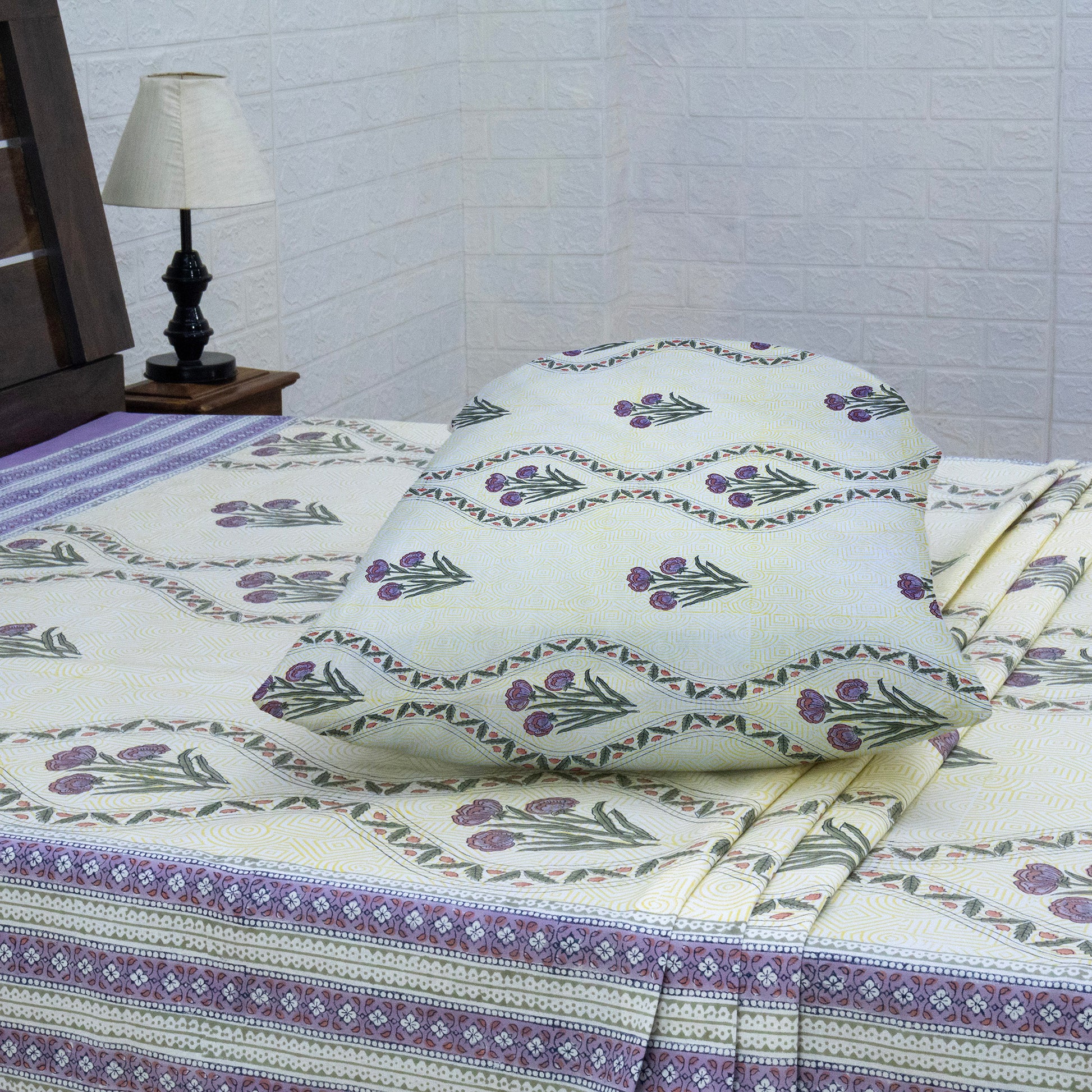 Indian Handmade Block Printed Yellow and Purple Floral Pattern Cotton Bed sheet For living Room, Kids Room - My Store