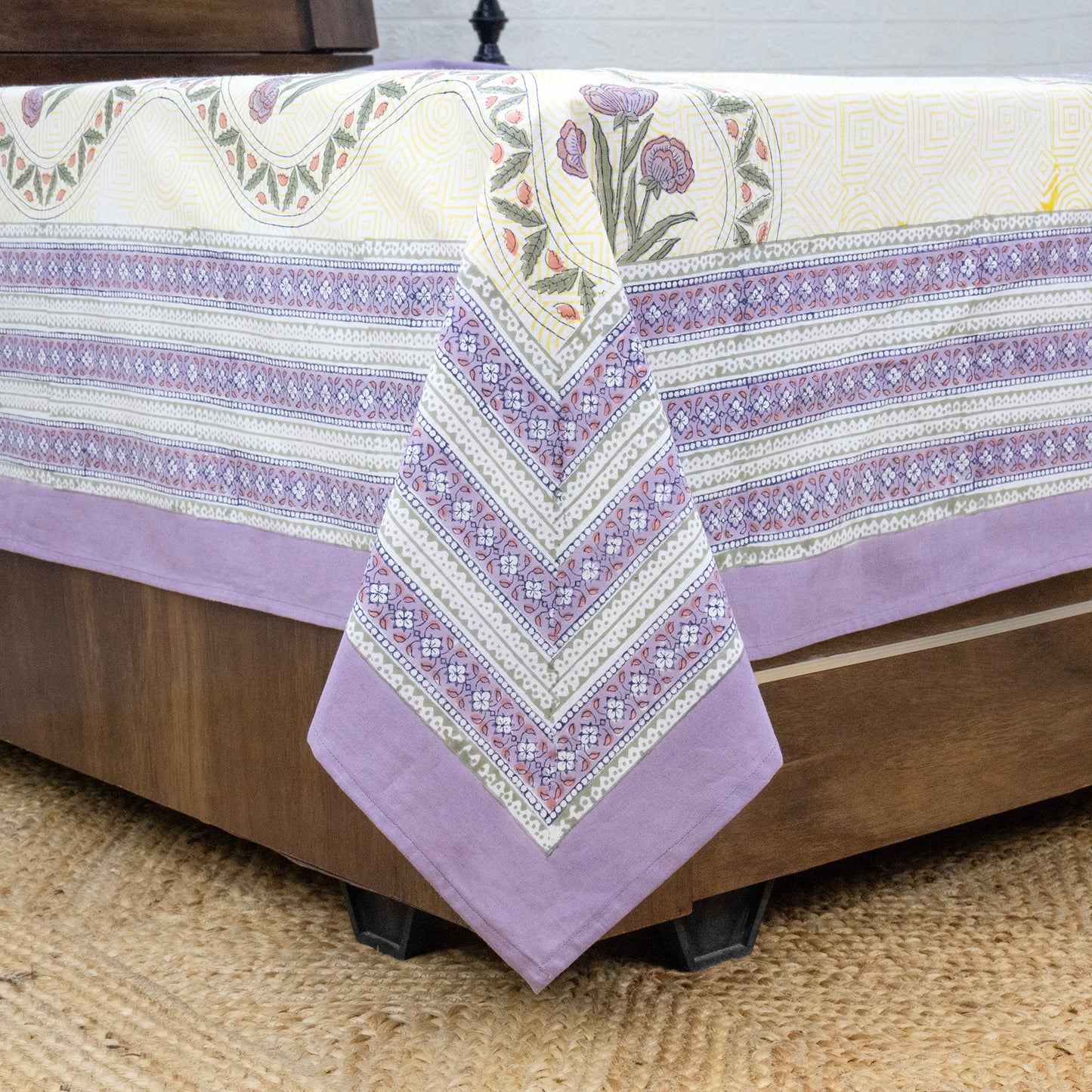 Indian Handmade Block Printed Yellow and Purple Floral Pattern Cotton Bed sheet For living Room, Kids Room - My Store