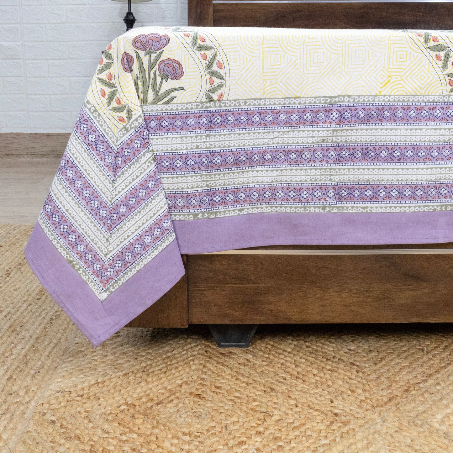 Indian Handmade Block Printed Yellow and Purple Floral Pattern Cotton Bed sheet For living Room, Kids Room - My Store