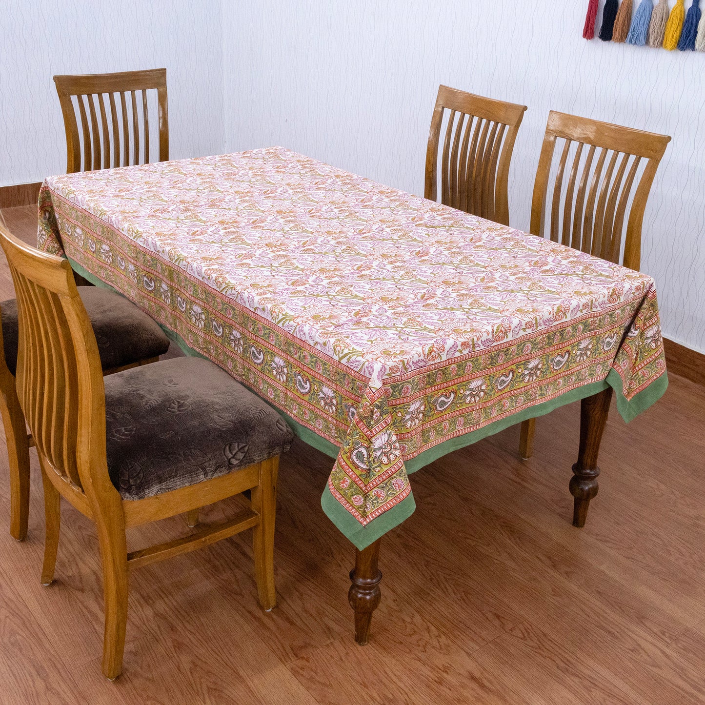 Indian Handmade Block Printed Cotton Orange and Green Rectangle Tablecloth - My Store