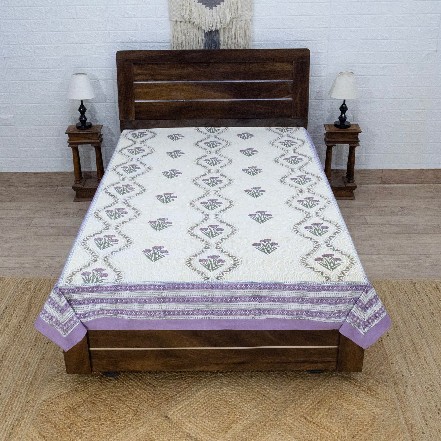 Indian Handmade Block Printed Yellow and Purple Floral Pattern Cotton Bed sheet For living Room, Kids Room - My Store