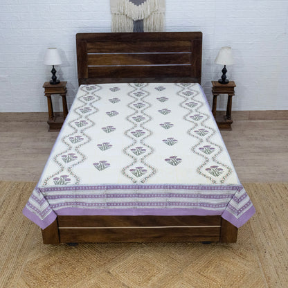 Indian Handmade Block Printed Yellow and Purple Floral Pattern Cotton Bed sheet For living Room, Kids Room - My Store