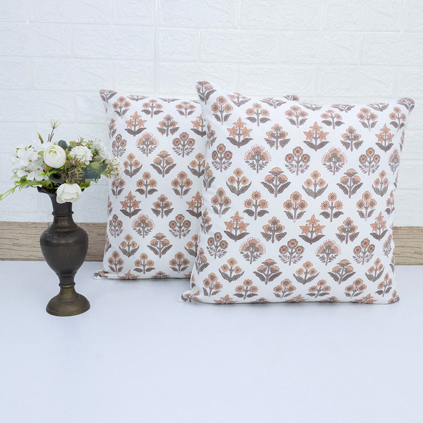 Hand Block Printed White Floral Cushion Cover | Cotton Decorative Pillow