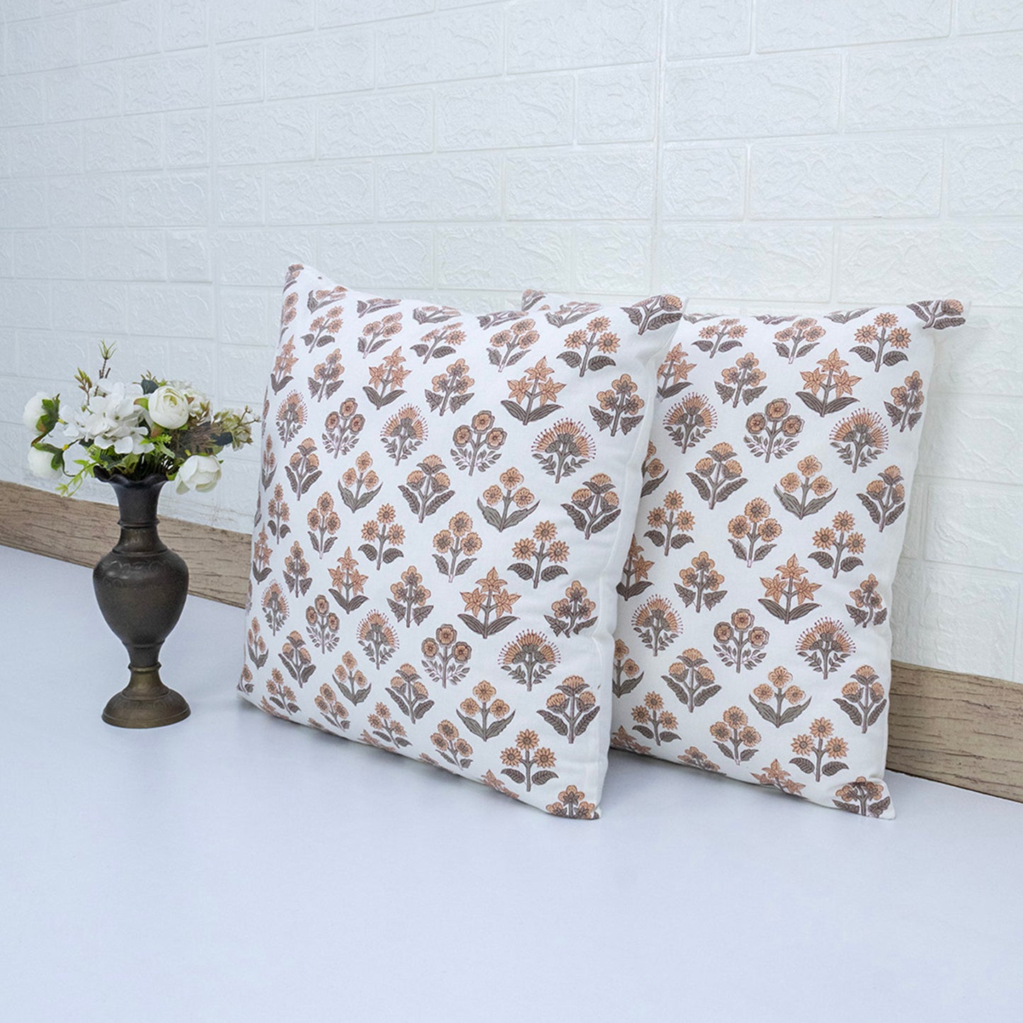 Hand Block Printed White Floral Cushion Cover | Cotton Decorative Pillow