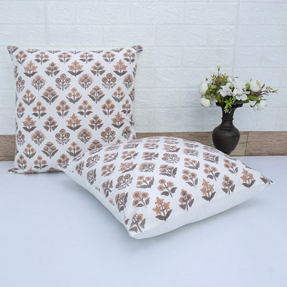 Hand Block Printed White Floral Cushion Cover | Cotton Decorative Pillow