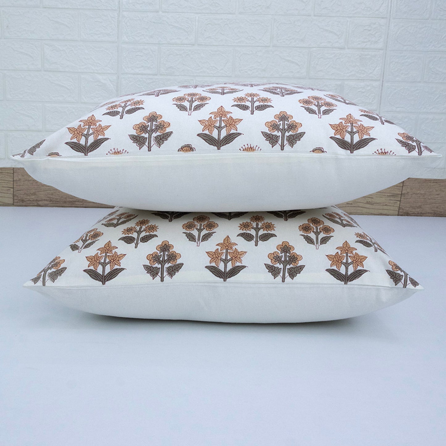 Hand Block Printed White Floral Cushion Cover | Cotton Decorative Pillow
