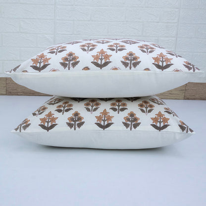 Hand Block Printed White Floral Cushion Cover | Cotton Decorative Pillow