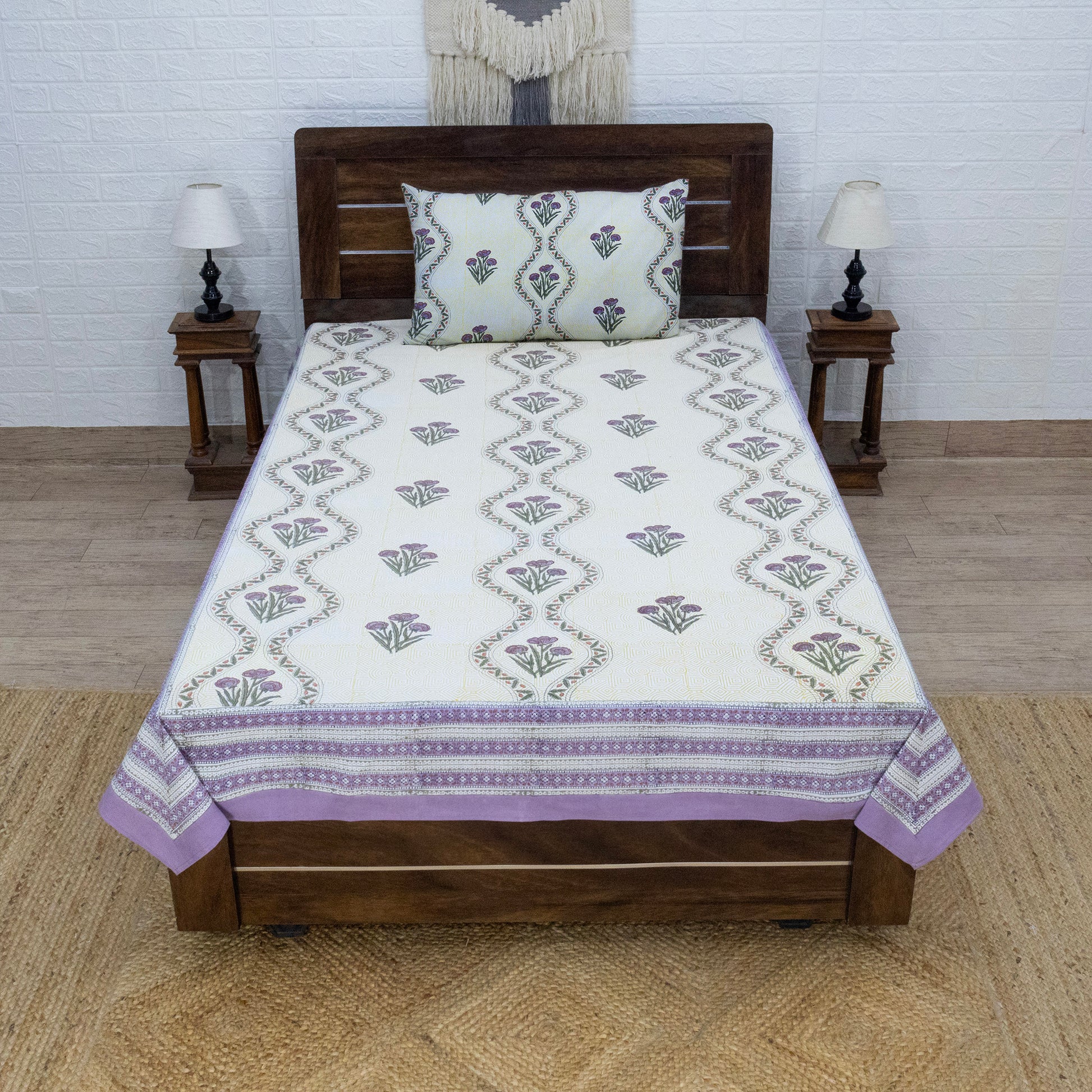 Indian Handmade Block Printed Yellow and Purple Floral Pattern Cotton Bed sheet For living Room, Kids Room - My Store