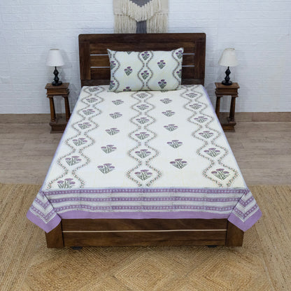 Indian Handmade Block Printed Yellow and Purple Floral Pattern Cotton Bed sheet For living Room, Kids Room - My Store