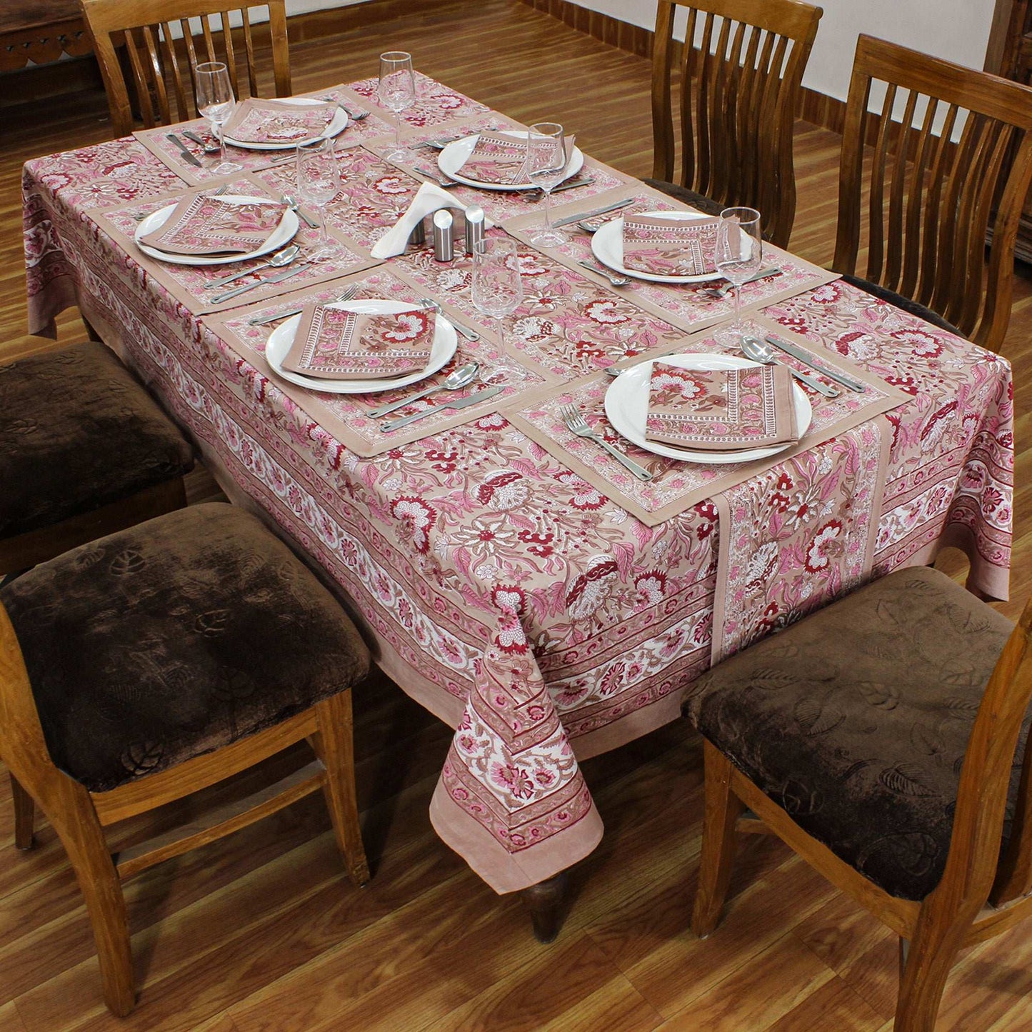 Indian Handmade Brown and White Block Printed Tablecloth - My Store