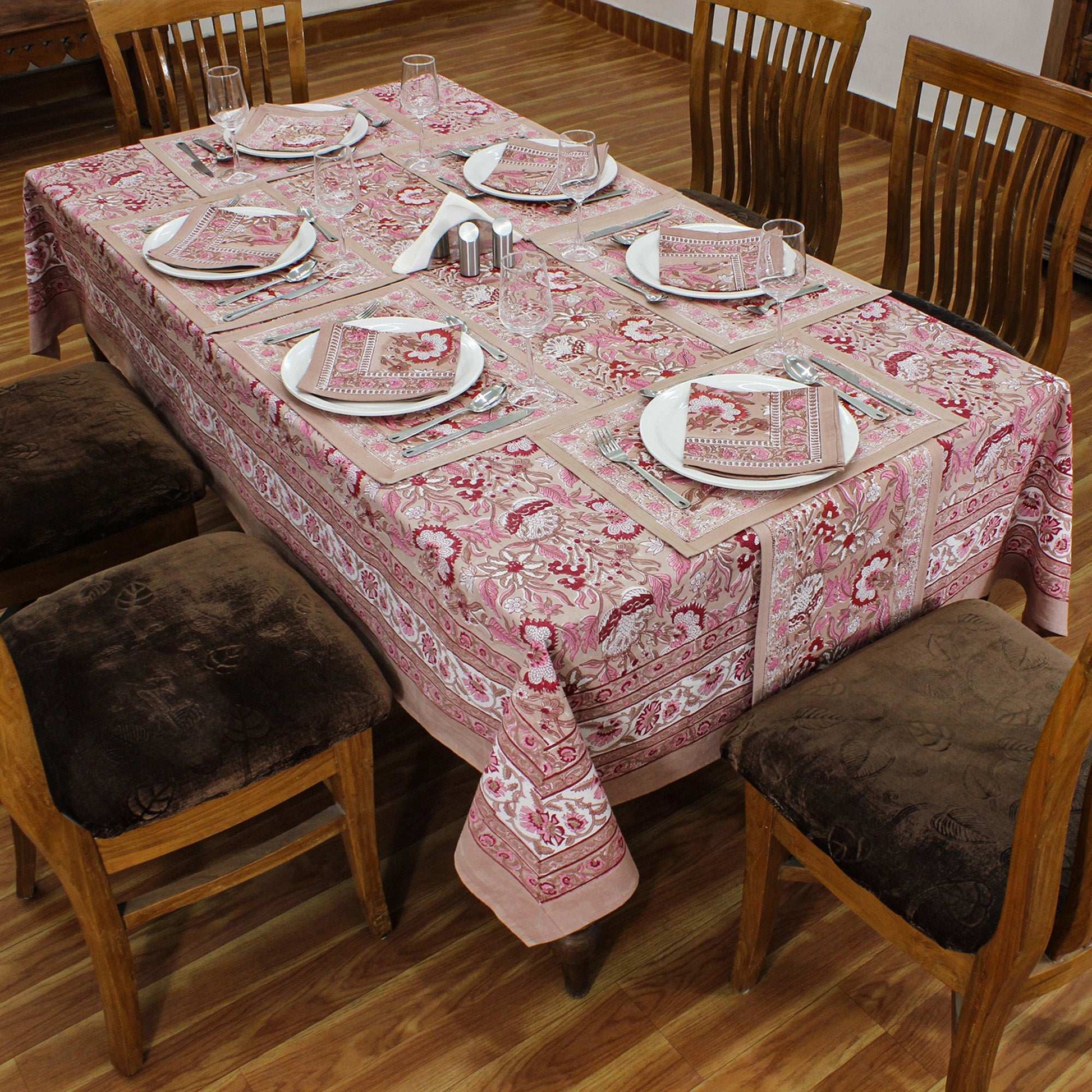 Indian Handmade Brown and White Block Printed Tablecloth - My Store
