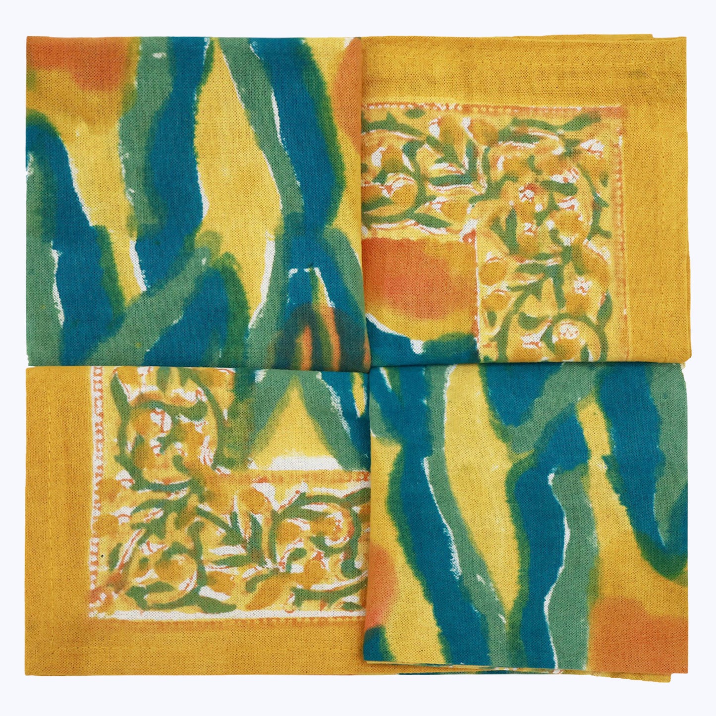 Yellow and Green Handmade Block Printed Cotton Napkins Set Of 4 - My Store