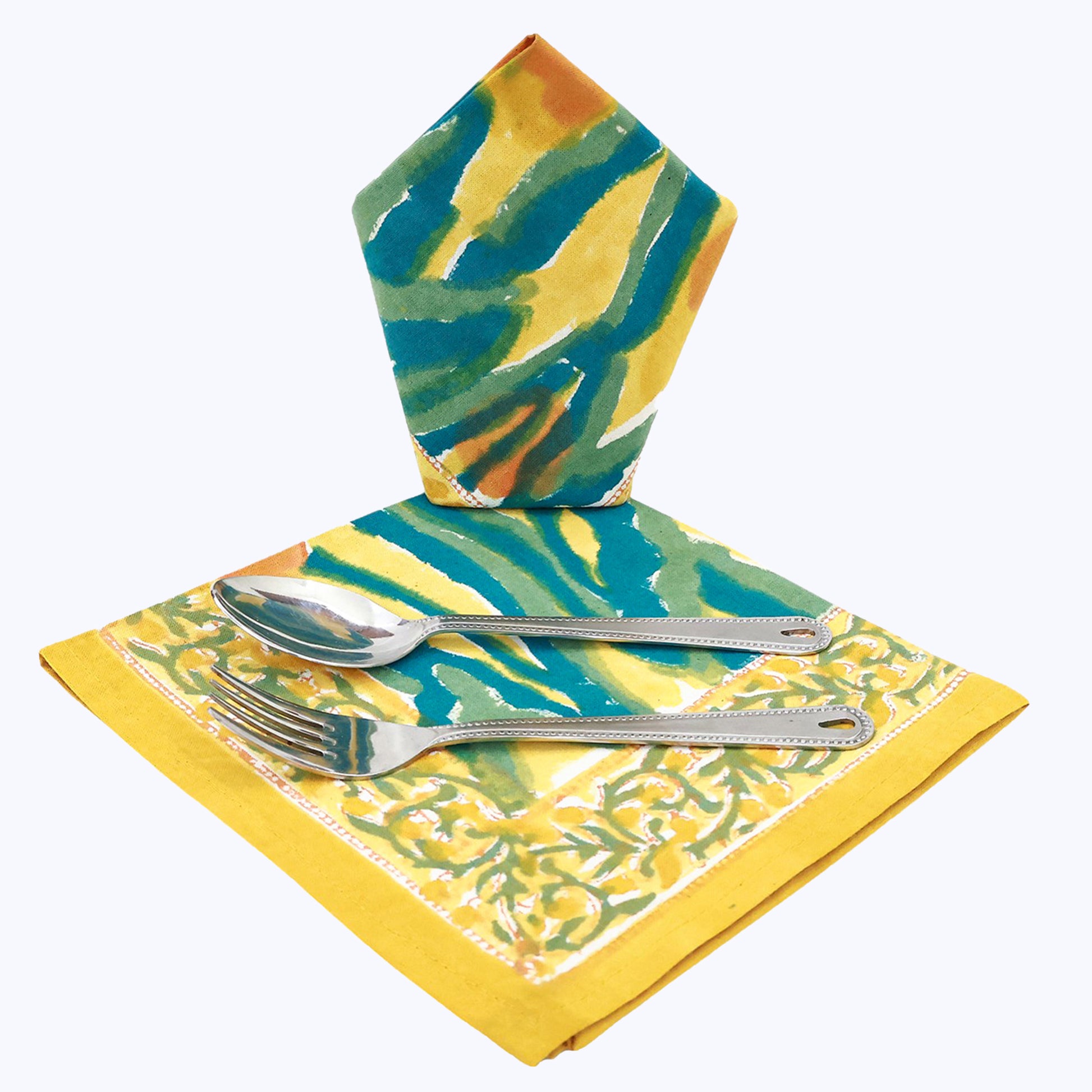 Yellow and Green Handmade Block Printed Cotton Napkins Set Of 4 - My Store