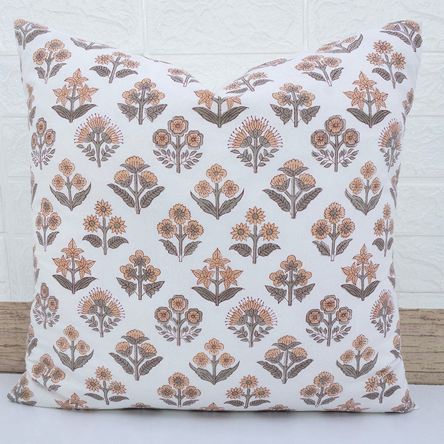 Hand Block Printed White Floral Cushion Cover | Cotton Decorative Pillow