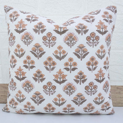 Hand Block Printed White Floral Cushion Cover | Cotton Decorative Pillow