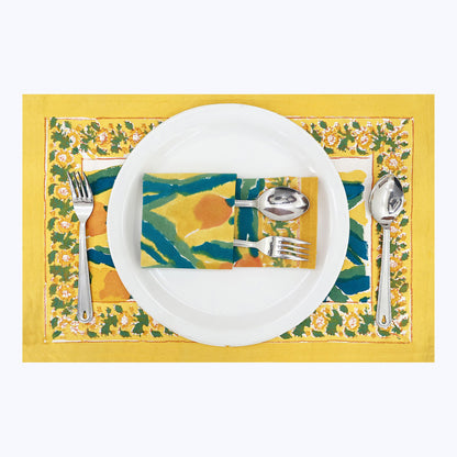 Yellow and Green Handmade Block Printed Cotton Napkins Set Of 4 - My Store