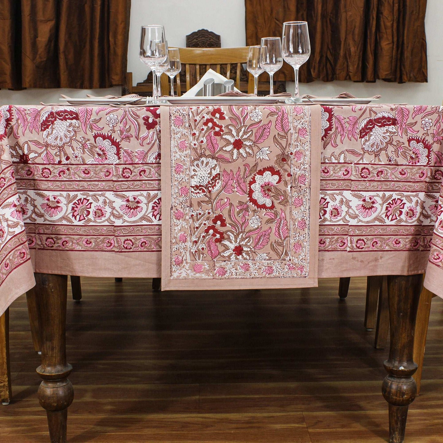 Indian Handmade Brown and White Block Printed Tablecloth - My Store