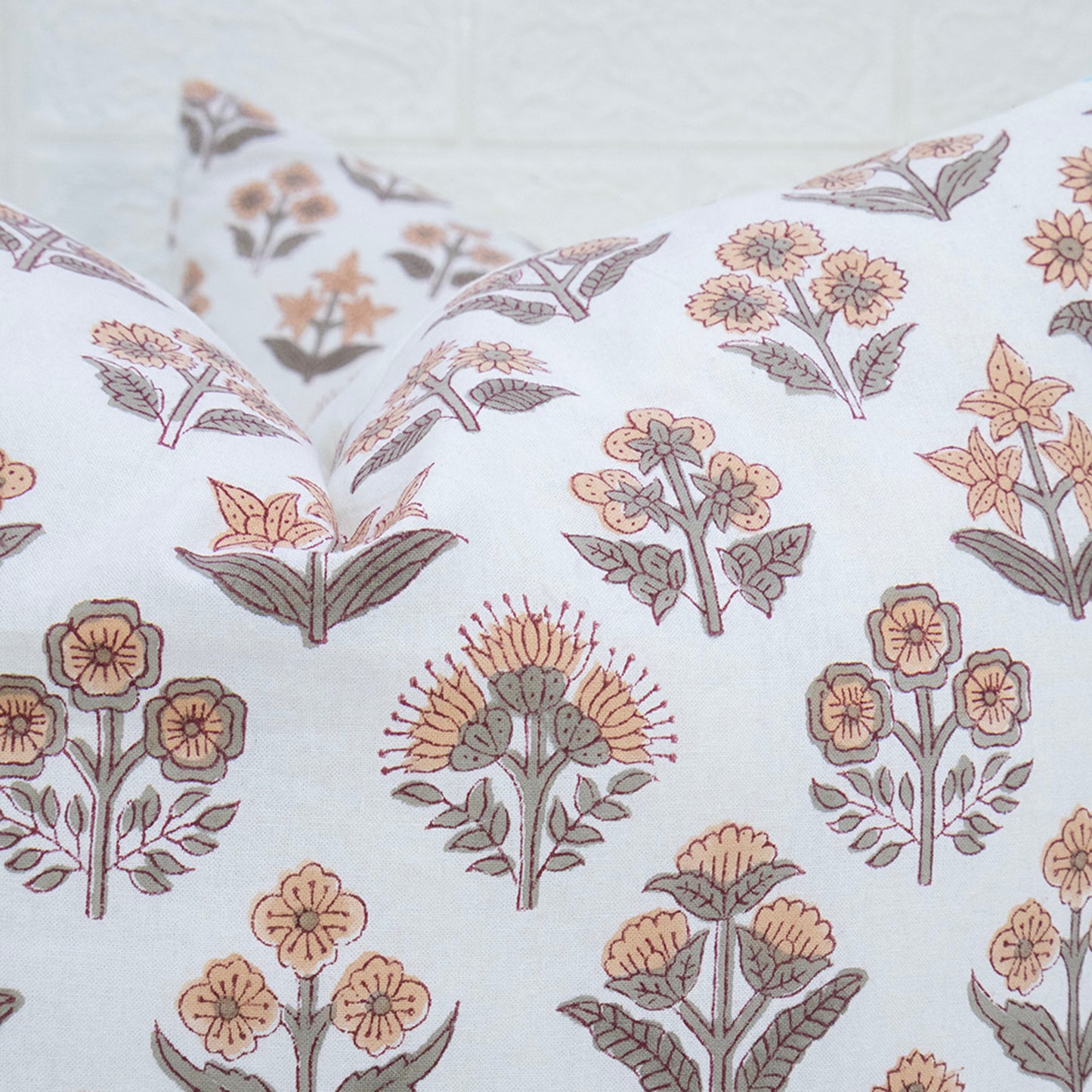 Hand Block Printed White Floral Cushion Cover | Cotton Decorative Pillow