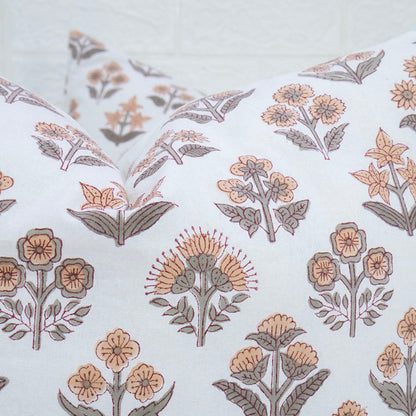 Hand Block Printed White Floral Cushion Cover | Cotton Decorative Pillow
