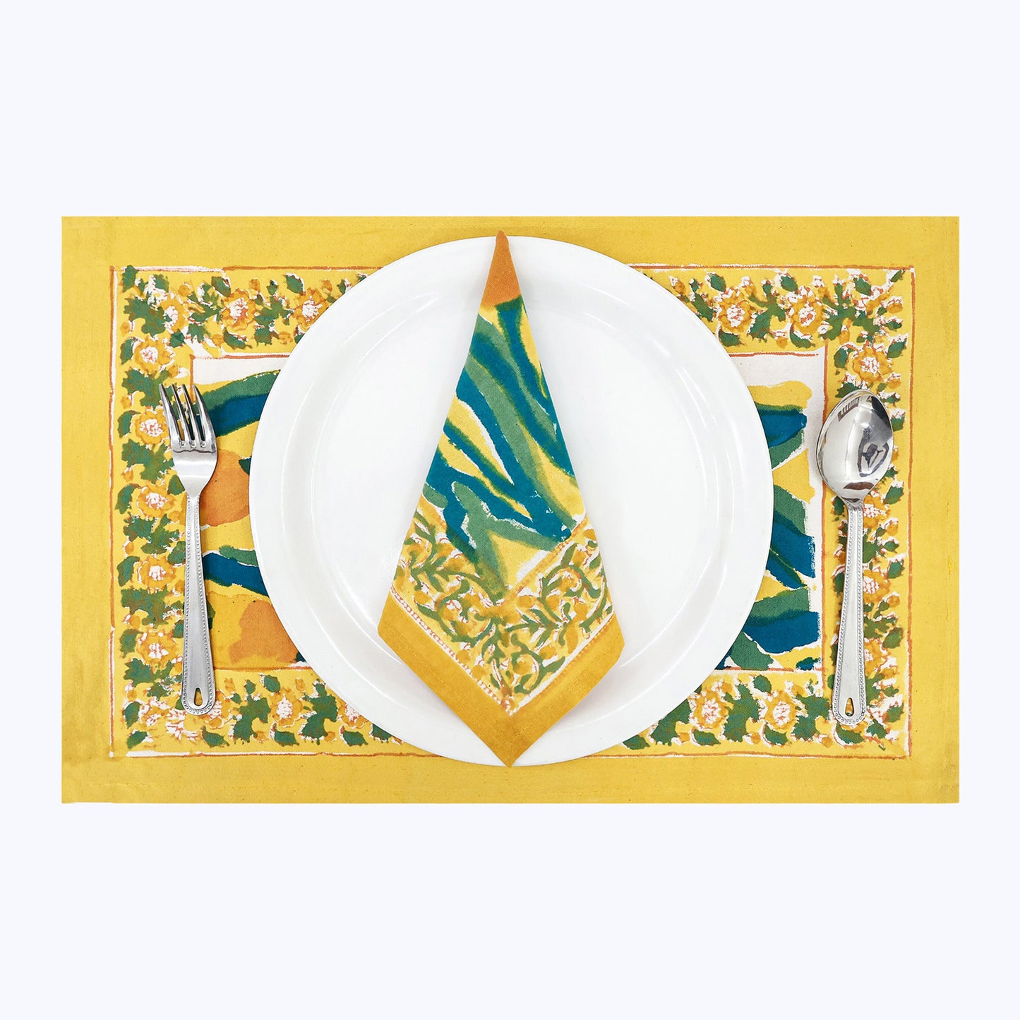 Yellow and Green Handmade Block Printed Cotton Napkins Set Of 4 - My Store