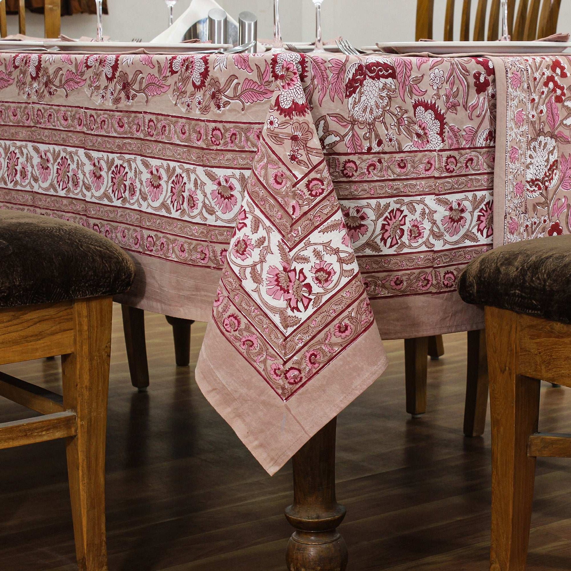 Indian Handmade Brown and White Block Printed Tablecloth - My Store