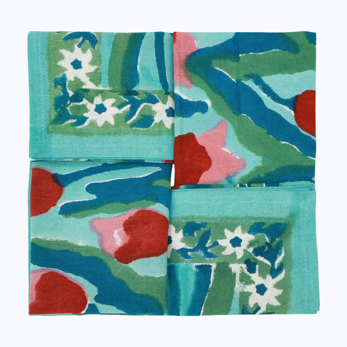 Green and Red Hand Block Printed Cotton Napkins Set Of 4 - My Store